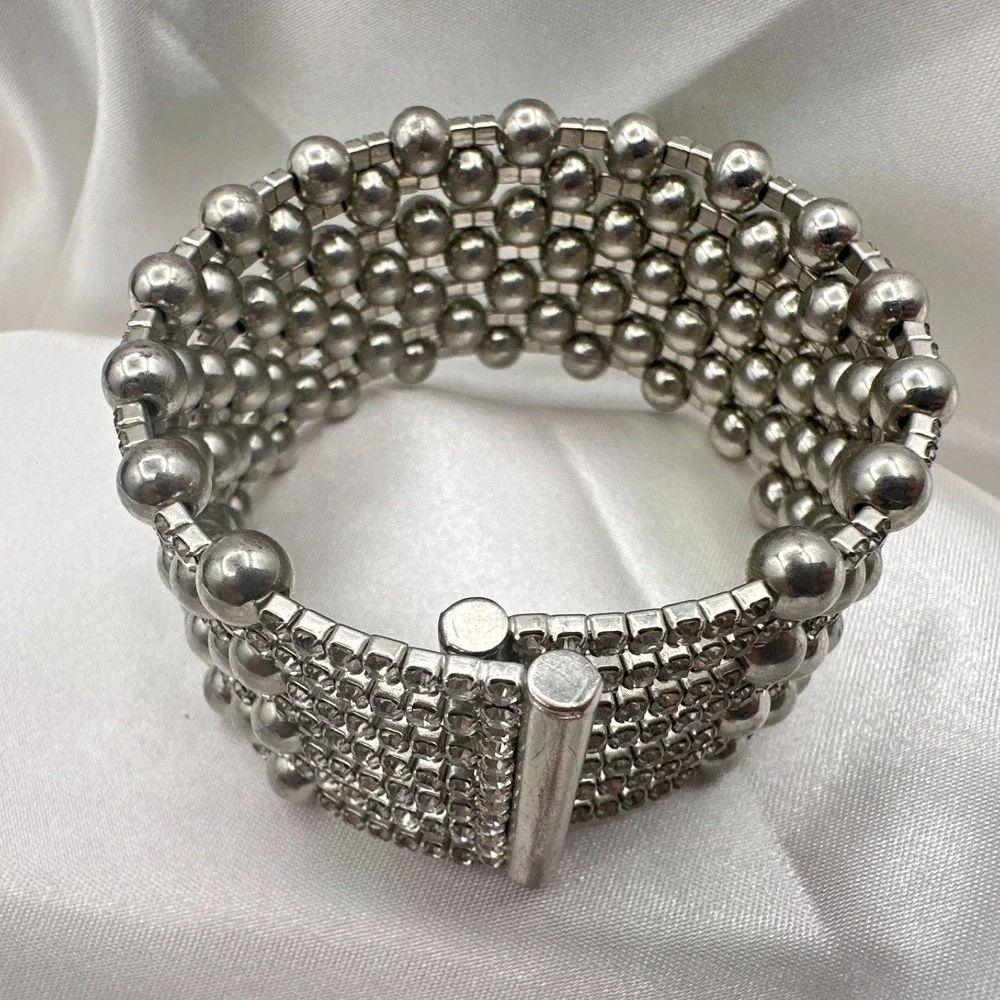 Vintage 90s Silver Tone Multi Row Bead Clear Glass Wide Cuff Statement Bracelet